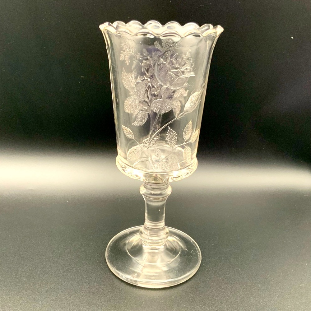 Vintage etched rose glass stemmed Dalzell Bros. & Gilmore Cornucopia #9